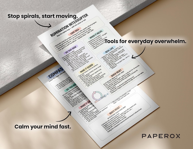 May include: Two white printed sheets with text and diagrams, labeled "RUMINATION INTERRUPTER" and "COMPASS". The text includes "Stop spirals, start moving" and "Tools for everyday overwhelm." The brand name "PAPEROX" is visible.