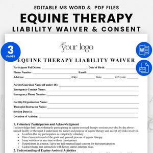May include: A white document titled "EQUINE THERAPY LIABILITY WAIVER & CONSENT" with fillable fields for personal information. Includes a "3 PAGES" button and icons for MS Word and PDF files. The document is designed for equine therapy sessions.