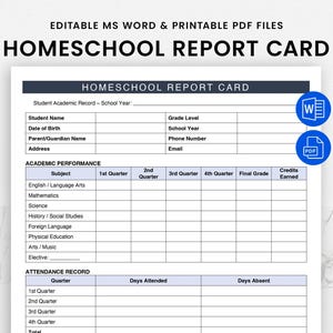 Modèle de bulletin de notes modifiable pour l'école à la maison, rapport de progression de l'école à la maison à remplir au format PDF, rapport de progression de l'élève, relevé de notes imprimable