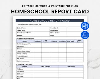 Editable Homeschool Report Card Template, Fillable Homeschooling Progress Report PDF, Student Progress Report, Printable School Transcript