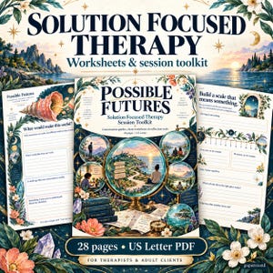 Può includere: Un kit di strumenti per la terapia focalizzata sulle soluzioni che include un PDF di 28 pagine in formato US Letter. La copertina mostra il titolo Possible Futures con un'illustrazione centrale di un globo, circondata da scene circolari.