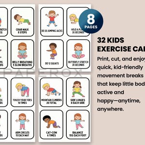 K&ouml;nnte beinhalten: Ein Set von 32 Kinder-&Uuml;bungskarten mit Illustrationen von Kindern bei verschiedenen &Uuml;bungen. Jede Karte zeigt eine andere Aktivit&auml;t, wie z.B. Hamstring-Dehnungen, Hampelm&auml;nner und Seitenausfallschritte, mit Anweisungen und Zeitangaben.