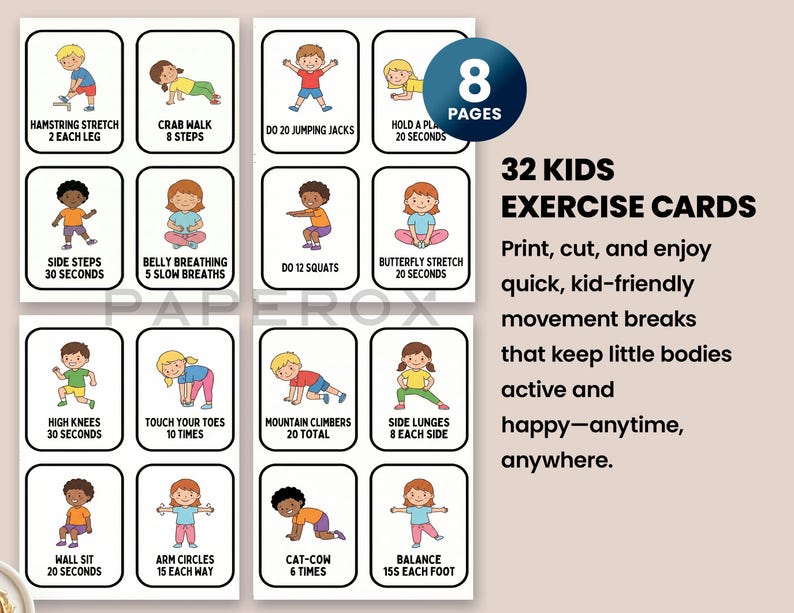 K&ouml;nnte beinhalten: Ein Set von 32 Kinder-&Uuml;bungskarten mit Illustrationen von Kindern bei verschiedenen &Uuml;bungen. Jede Karte zeigt eine andere Aktivit&auml;t, wie z.B. Hamstring-Dehnungen, Hampelm&auml;nner und Seitenausfallschritte, mit Anweisungen und Zeitangaben.