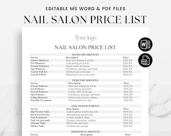 Modello di listino prezzi per salone di bellezza - Menu manicure e pedicure - Listino prezzi per onicotecnico - Listino prezzi modificabile per servizi di bellezza - MS Word e PDF