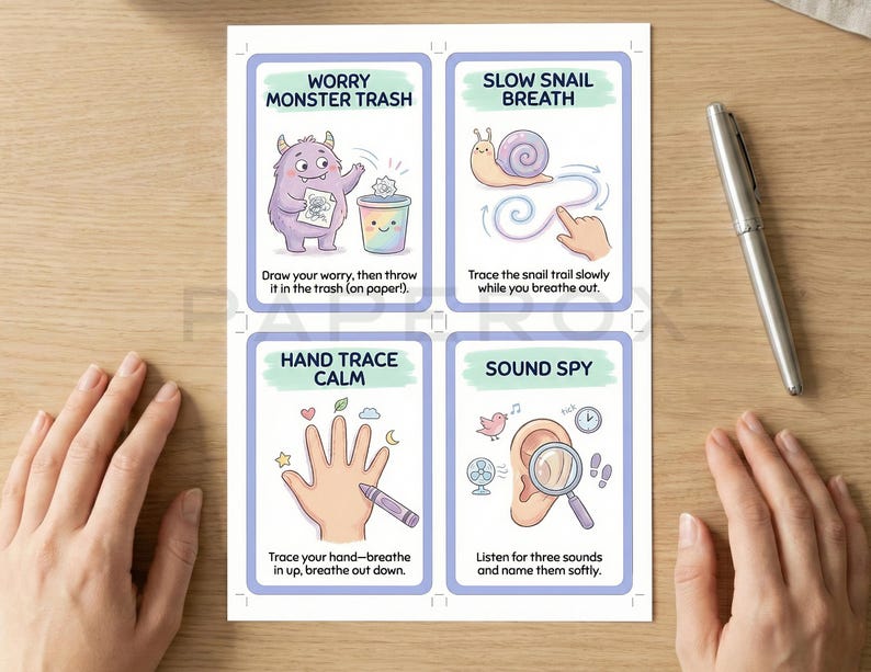 May include: Four illustrated cards with calming techniques: "Worry Monster Trash," "Slow Snail Breath," "Hand Trace Calm," and "Sound Spy." Each card features a colorful illustration and instructions. A silver pen rests on the wooden surface.