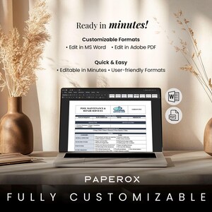 May include: A laptop computer displaying a customisable pool maintenance and repair services template. The template is editable in Microsoft Word and Adobe PDF. The text "Ready in minutes!" and "Fully Customizable" is displayed on the screen.
