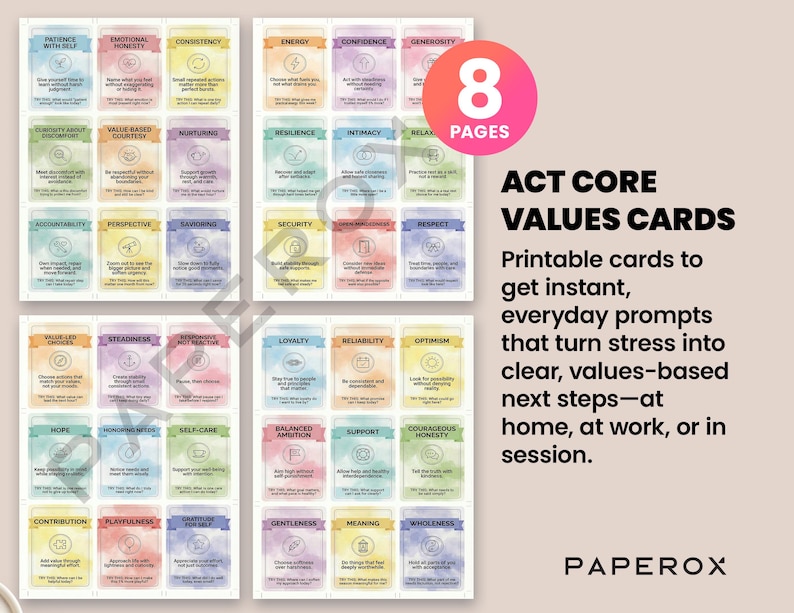 ACT Core Values Cards, Acceptance & Commitment Therapy Values Deck ...