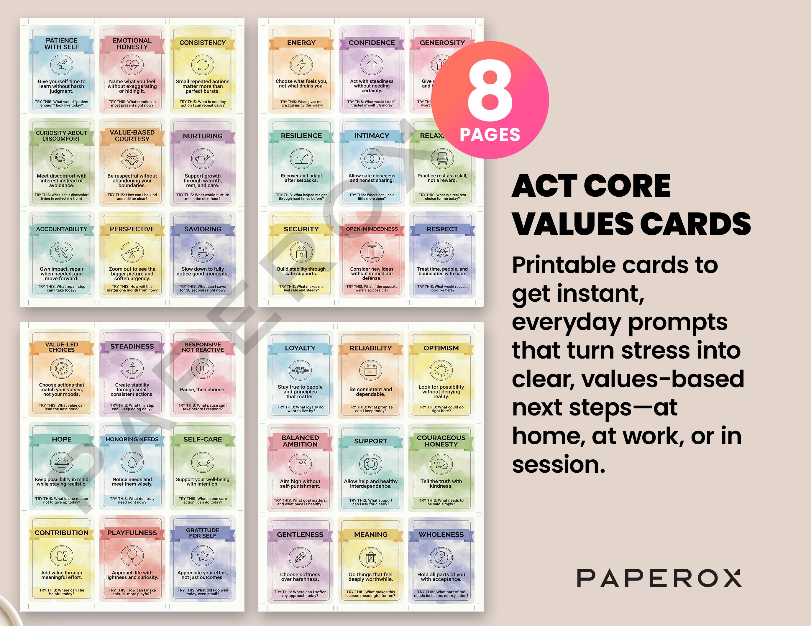 ACT Core Values Cards, Acceptance & Commitment Therapy Values Deck ...
