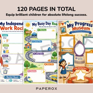 Pu&ograve; includere: Tre pagine di attivit&agrave; colorate intitolate 120 PAGES IN TOTAL, My Independence Work Rocket, My Busy Day Road e My Progress Museum. Le pagine presentano illustrazioni di un razzo, una strada tortuosa e una galleria museale con cornici vuote.