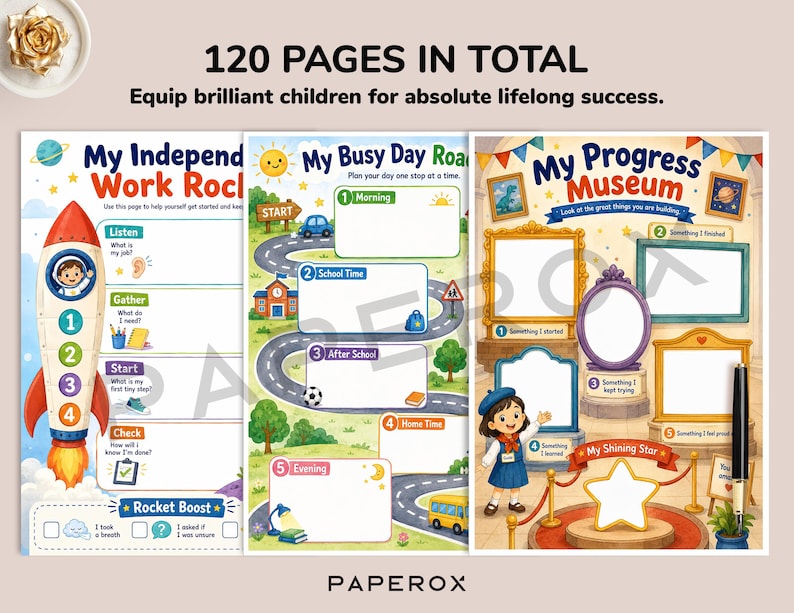 Pu&ograve; includere: Tre pagine di attivit&agrave; colorate intitolate 120 PAGES IN TOTAL, My Independence Work Rocket, My Busy Day Road e My Progress Museum. Le pagine presentano illustrazioni di un razzo, una strada tortuosa e una galleria museale con cornici vuote.