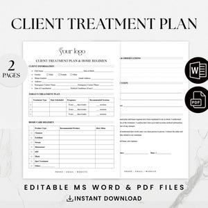 Plan leczenia klienta | 2-stronicowy edytowalny szablon PDF | Formularz konsultacji pielęgnacji skóry i spa | Schemat pielęgnacji domowej | Profesjonalny plan usług
