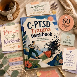 May include: A C-PTSD Trauma Workbook with a cover illustration of a person sweeping away a dark, spiky creature. The book is surrounded by paper notes labeled StoryBloom Collection, 60 Pages, A4 & US Letter, and Premium Guided Workbook.