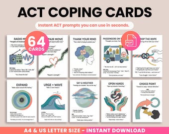 Schede di coping ACT per bambini/adulti, schede stampabili per la terapia di accettazione e impegno, strumenti di defusione e valori, abilità di coping basate sulla consapevolezza