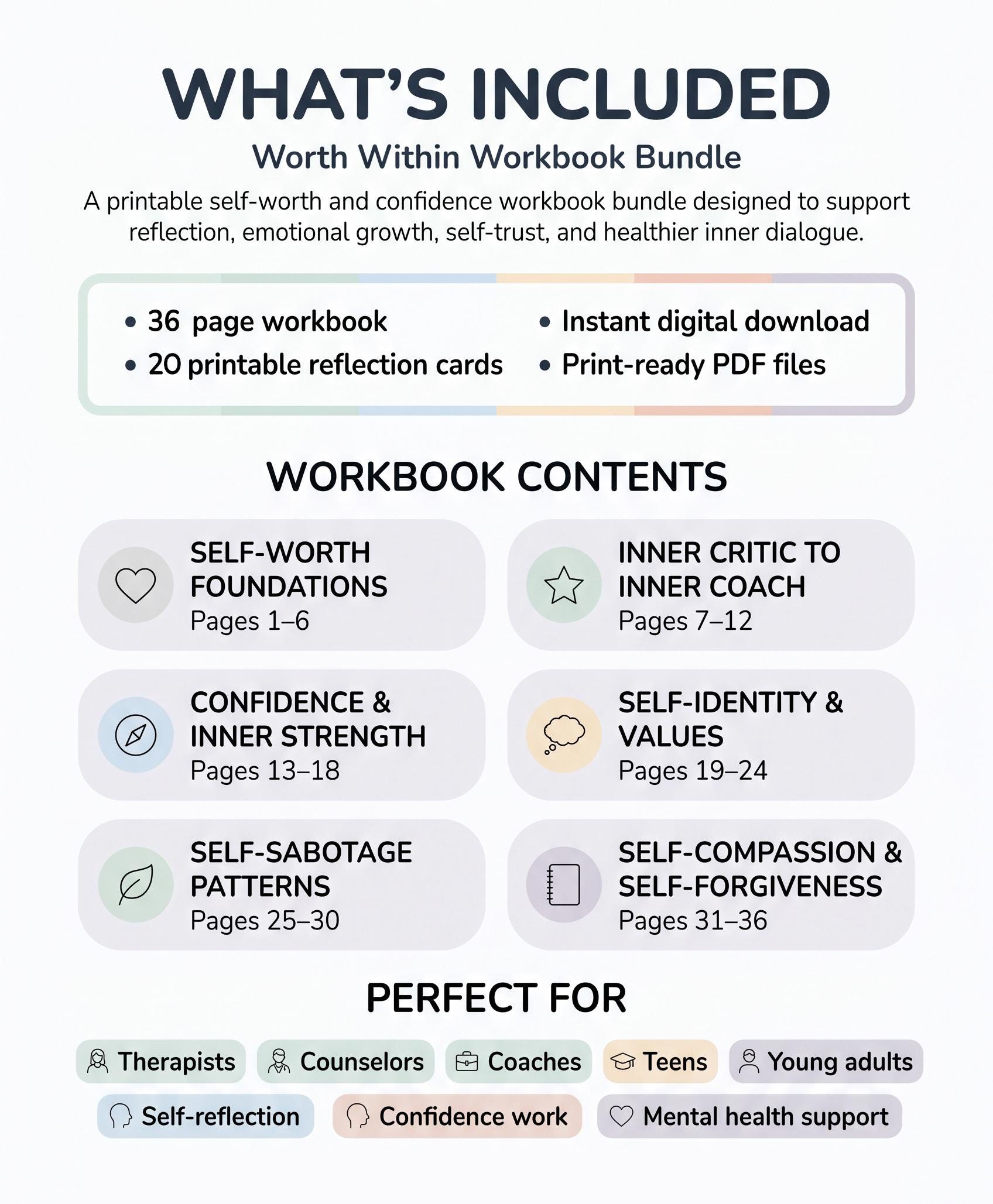 Self Worth Worksheets, Self Esteem Workbook & Reflection Cards, Teen ...