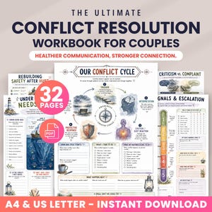 以下が含まれることがあります： The Ultimate Conflict Resolution Workbook for CouplesというタイトルのPDF形式の32ページのデジタルワークブック。ページにはOur Conflict Cycleの図、ニーズのチェックリスト、エスカレーションやリセットプランの表が含まれています。