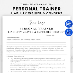 Personal Trainer Liability Waiver Template - Workout Trainer Informed Consent Form - Fitness Client Agreement – Editable PDF & Word Download