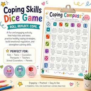 May include: A Coping Skills Dice Game activity sheet on a clipboard. The grid features dice icons in blue, red, green, purple, pink, and light blue, with text prompts for emotional regulation. Includes icons for PDF, US Letter, and Roll & Respond.