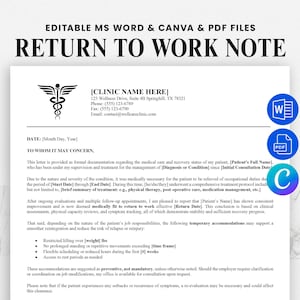 Plantilla de nota médica para regreso al trabajo • Carta de excusa editable para el trabajo o la escuela • Nota con firma médica • Formatos Word, PDF y Canva
