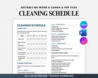Checklist bewerkbare schoonmaakschema, afdrukbare dagelijkse, wekelijkse/maandelijkse schoonmaakplanner, huishoudelijke schoonmaakschema, pdf-bestand voor huishoudelijke taken