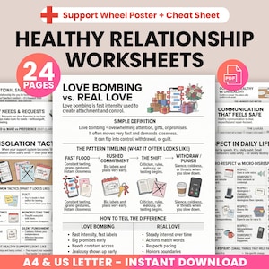 May include: A digital download featuring a Healthy Relationship Worksheets set. The image displays several pages with text and graphics, including topics like love bombing vs. real love, communication, and respect. The set includes 24 pages and is available in A4 & US Letter formats.