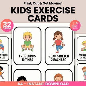 Puede incluir: Un conjunto de tarjetas de ejercicios para niños imprimibles con ilustraciones de niños realizando varios ejercicios. Las tarjetas incluyen instrucciones para cada ejercicio, como estiramiento de isquiotibiales, saltos de rana y estiramiento de cuádriceps.