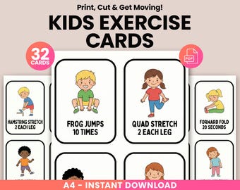 Tarjetas de ejercicios para niños, juego de 32 tarjetas imprimibles, descansos de movimiento, actividades para el cerebro en el aula, educación física en casa, fitness infantil en interiores, tamaño A4