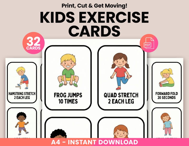 K&ouml;nnte beinhalten: Druckbare Kinder-&Uuml;bungskarten mit Illustrationen von Kindern, die verschiedene &Uuml;bungen ausf&uuml;hren. Die Karten enthalten Anweisungen f&uuml;r jede &Uuml;bung, wie z. B. Hamstring-Dehnung, Froschspr&uuml;nge und Quad-Dehnung. Der Text "KIDS EXERCISE CARDS" ist oben.