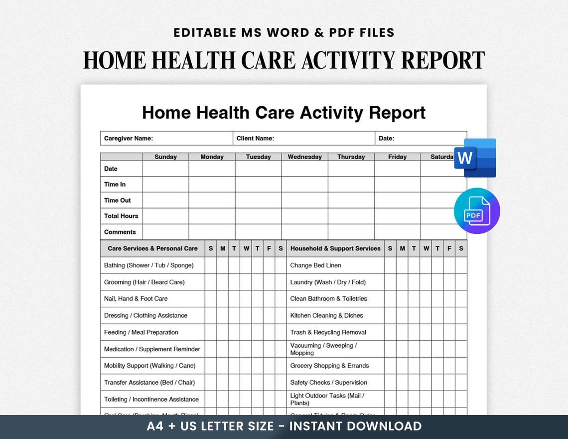 Home Health Caregiver Activity Report, Daily Care Log Sheet, Elder Care ...