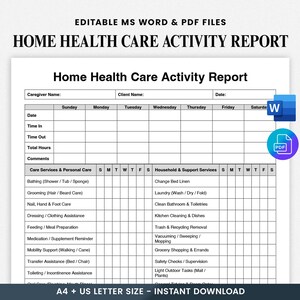 Peut inclure: Un modèle de rapport d'activité de soins de santé à domicile blanc avec du texte noir. Le rapport comprend des sections pour les informations sur le soignant et le client, les dates, les heures et les services de soins. Disponible en formats A4 et US Letter.