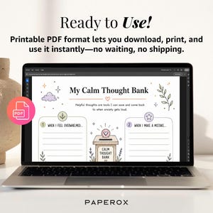 May include: A laptop screen displays a printable worksheet titled My Calm Thought Bank. The document features a central illustration of a bank box, two sections for writing titled When I Feel Overwhelmed and When I Make a Mistake, and decorative icons including a purple cloud, stars, and leaves.