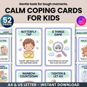 Pode incluir: Um conjunto de 52 Calm Coping Cards para crianças, com ilustrações e instruções para o gerenciamento de emoções. Os cartões incluem atividades como Butterfly Tap e o Jogo das 5 Coisas, projetados para ajudar as crianças a lidar com momentos difíceis. Download instantâneo.