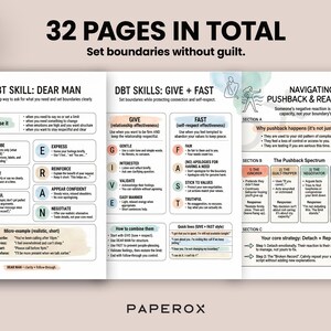 May include: A workbook with the text "32 PAGES IN TOTAL" and "Set boundaries without guilt." The pages detail DBT skills, including "DEAR MAN" and "GIVE + FAST." A pen rests on the right side. The workbook is designed to help with setting boundaries.