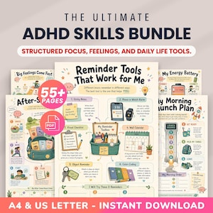 May include: A digital ADHD skills bundle featuring multiple printable pages with illustrations and text. Titles include The Ultimate ADHD Skills Bundle, Reminder Tools That Work for Me, and My Morning Launch Plan. Includes 55+ pages in PDF format.