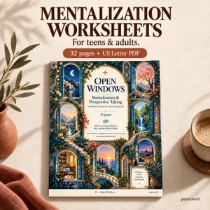 May include: A 32-page US Letter PDF titled Mentalization Worksheets: Open Windows, Mentalization & Perspective Taking. The cover features colourful illustrations of arched windows looking out onto various landscapes, including a night scene and a sunset.