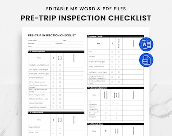 May include: A black and white pre-trip inspection checklist for vehicles. The checklist includes sections for exterior inspection, under the hood, interior, emergency equipment, and wheels and axles. Each section has a list of items to check, with boxes to mark "OK", "Needs Repair", and a space for comments.