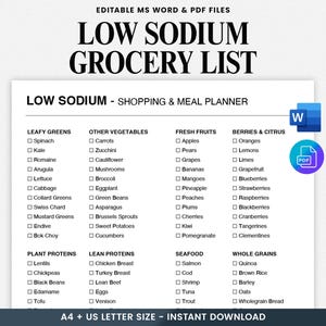 Low Sodium Grocery List - Hypertension Diet Planner, Printable Meal Planning Template, Healthy Food Chart - Printable PDF & Word
