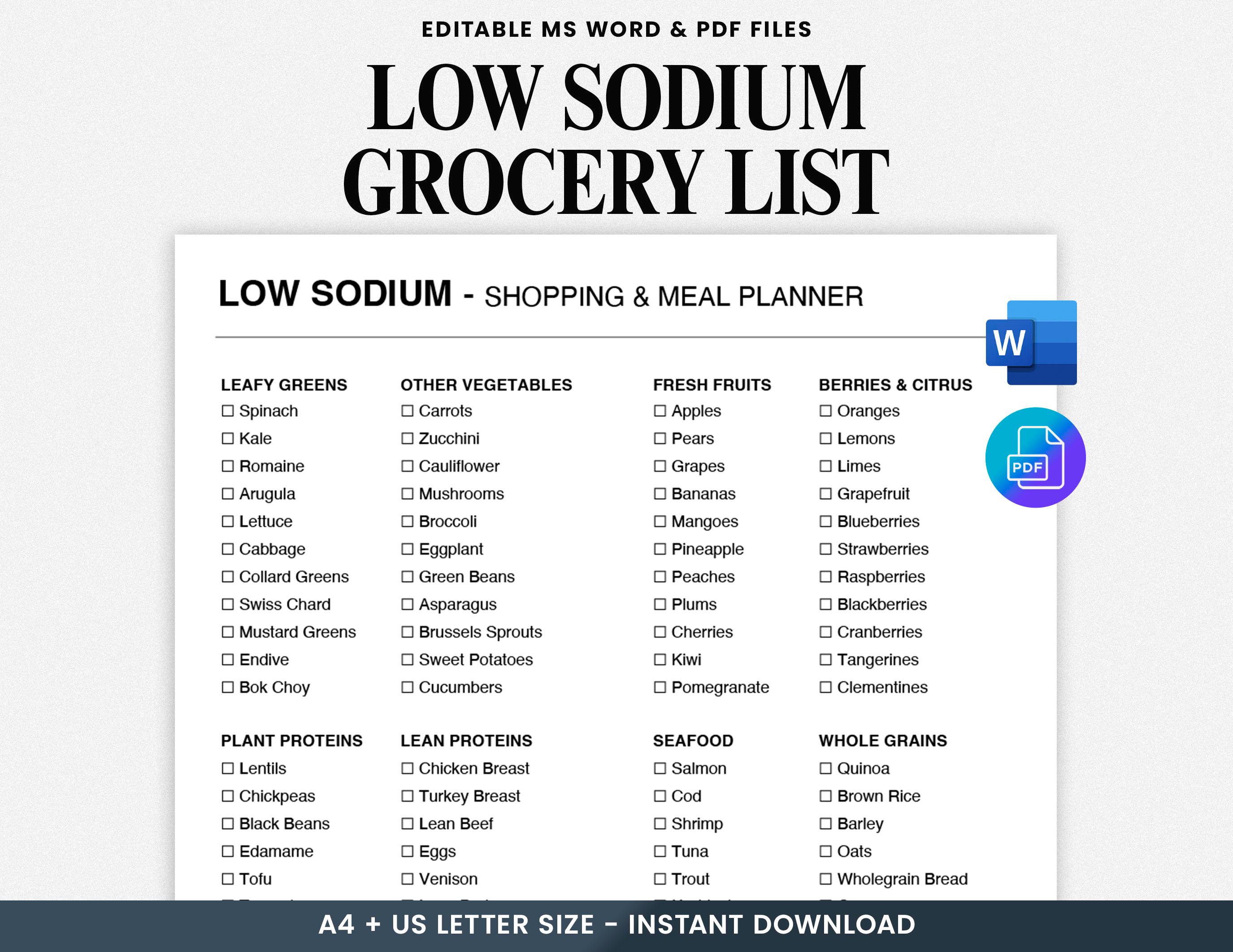 low sodium shopping list printable - etsy singapore