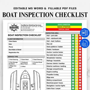 Peut inclure: Un modèle de liste de contrôle d'inspection de bateau avec le titre "BOAT INSPECTION CHECKLIST" en gras noir. La liste de contrôle comprend des sections pour les informations du client, le type de service et les zones d'inspection.
