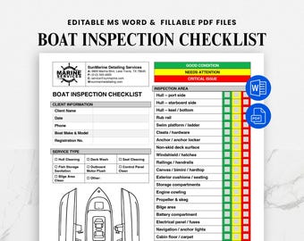 May include: A boat inspection checklist with the title "BOAT INSPECTION CHECKLIST" in bold black letters. The checklist includes sections for client information, service type, and inspection areas. The document is designed to be fillable.