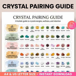 Guía imprimible de emparejamiento de cristales, tabla de significados de los cristales, hoja de referencia de cristales, guía de energía de los cristales, referencia de piedras curativas, PDF A4