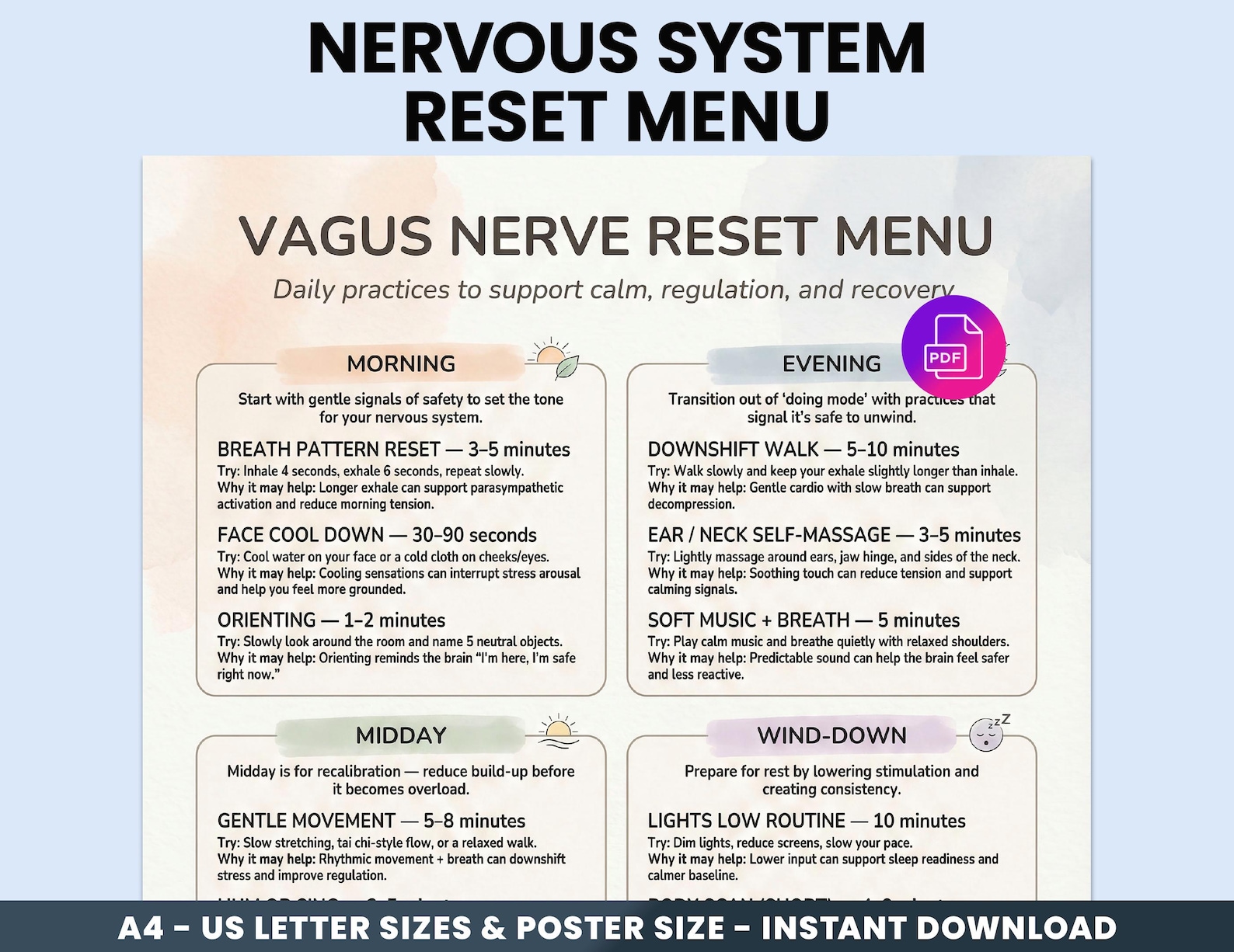 Vagus Nerve Reset Menu Printable PDF - Nervous System Regulation Cheat