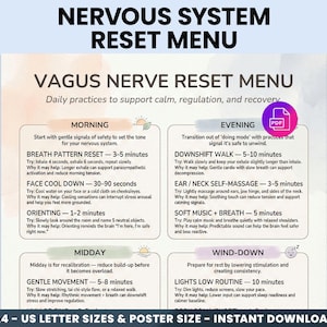 Può includere: Un download digitale con un "Menu di ripristino del nervo vago" con pratiche quotidiane per la calma e la regolazione. Il menu include routine mattutine, di mezzogiorno, serali e di rilassamento. Il testo include "Menu di ripristino del sistema nervoso".
