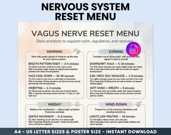 Menu nervus vagus reset afdrukbare pdf - Cheatsheet voor regulering van het zenuwstelsel | Somatische kalmerende oefeningen | Toolkit Angst Stress Relief Pro