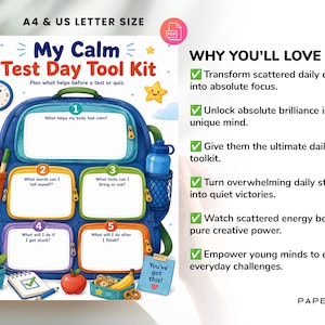 Pu&ograve; includere: Un foglio di lavoro stampabile My Calm Test Day Tool Kit con l'illustrazione di un grande zaino blu con cinque sezioni numerate per scrivere, circondato da icone di orologio, matita, borraccia, pianta, mela, banana e una nota You've got this.