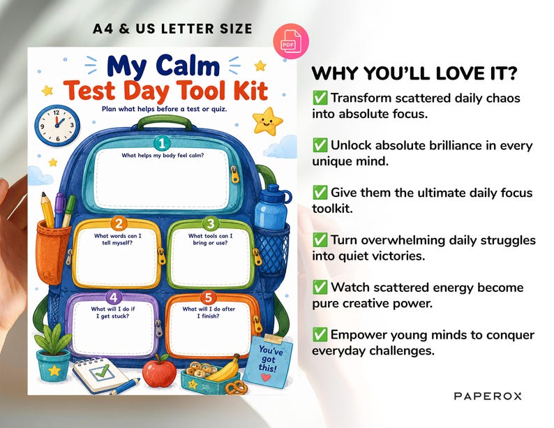 Pu&ograve; includere: Un foglio di lavoro stampabile My Calm Test Day Tool Kit con l'illustrazione di un grande zaino blu con cinque sezioni numerate per scrivere, circondato da icone di orologio, matita, borraccia, pianta, mela, banana e una nota You've got this.