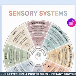 Peut inclure: Une affiche éducative colorée intitulée "Systèmes Sensoriels" avec un diagramme circulaire illustrant les sens. L'affiche comprend du texte et des diagrammes expliquant le goût, l'odorat, les signaux corporels et l'équilibre. Disponible en A4, US Letter et formats affiche.