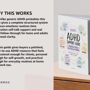 K&ouml;nnte beinhalten: Ein wei&szlig;es Buch mit dem Titel ADHD SUPPORT GUIDE Practical Tools for Teens & Adults, das pastellfarbene runde Symbole mit Illustrationen zu Fokus, Zeit, Selbstgespr&auml;chen, Bewegung, Planung und Unterst&uuml;tzung sowie erkl&auml;renden Texten enth&auml;lt.