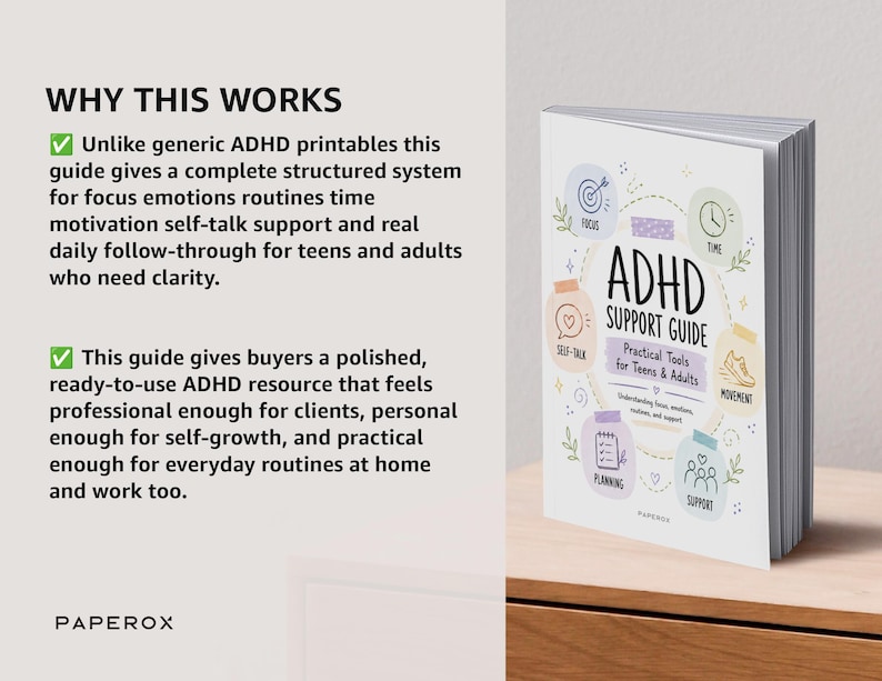 K&ouml;nnte beinhalten: Ein wei&szlig;es Buch mit dem Titel ADHD SUPPORT GUIDE Practical Tools for Teens & Adults, das pastellfarbene runde Symbole mit Illustrationen zu Fokus, Zeit, Selbstgespr&auml;chen, Bewegung, Planung und Unterst&uuml;tzung sowie erkl&auml;renden Texten enth&auml;lt.