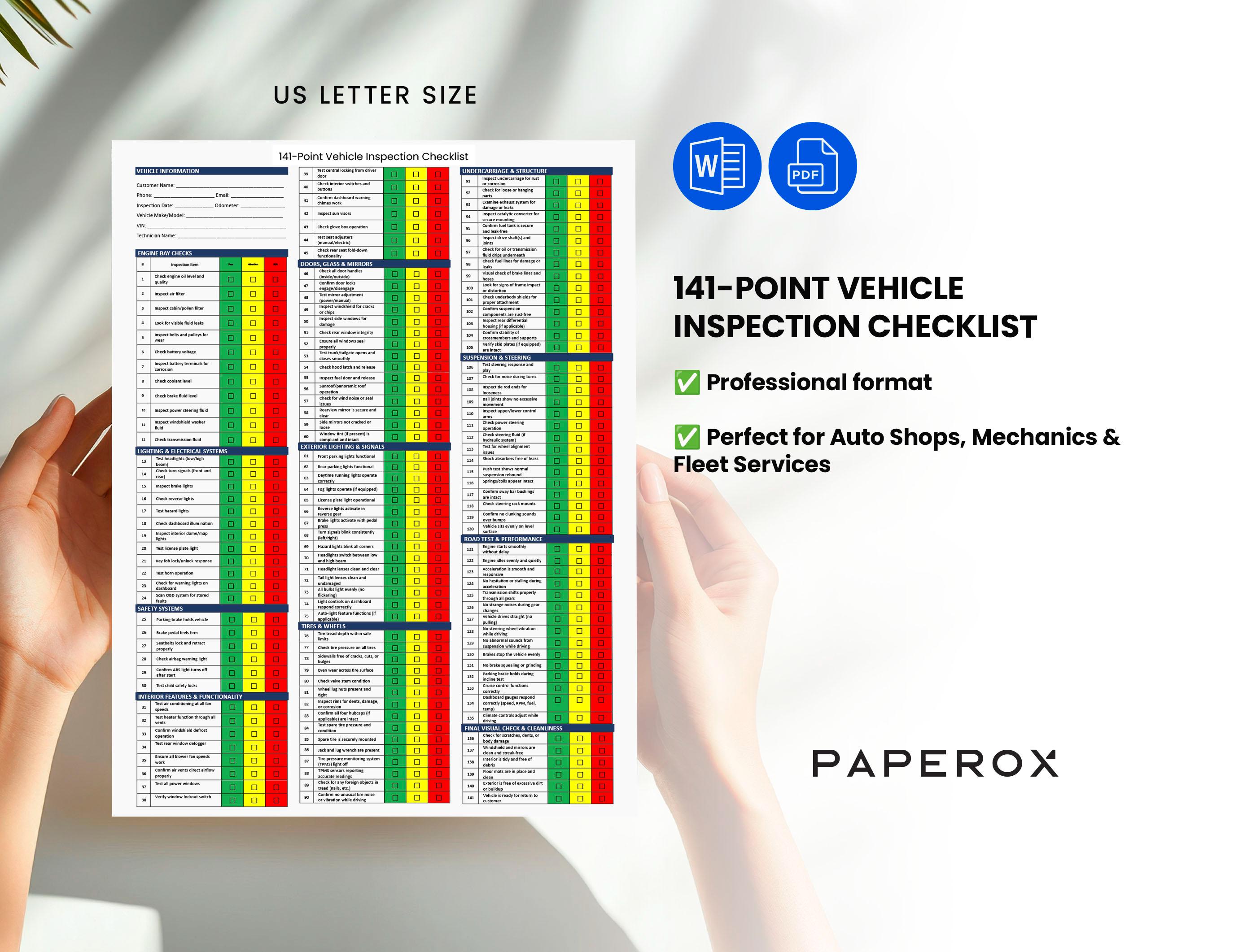 141 Point Vehicle Inspection Checklist PDF | Printable Auto Maintenance ...