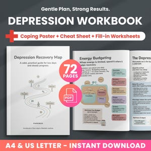 May include: A depression workbook with a white cover and the title "Depression Recovery Map." The workbook includes a coping poster, cheat sheet, and fill-in worksheets. The image also shows a page with the title "Energy Budgeting." The workbook is 72 pages and available for instant download.